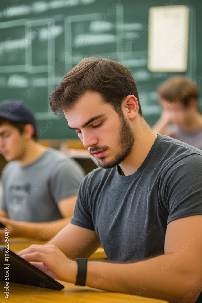 Poster college student studying diligently in classroom setting during afternoon lecture