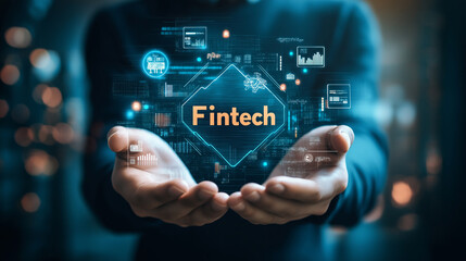 Businessman holding Fintech Financial technology Cryptocurrency investment and digital money. Business concept on virtual screen