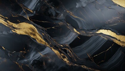 Abstract black and gold marble texture with swirling patterns.