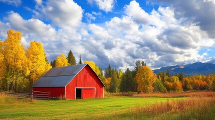 A red barn stands majestically in a picturesque autumn landscape, surrounded by vibrant yellow trees, rolling hills, and a blue sky with fluffy clouds.  The scene evokes a sense of peace, tranquility,