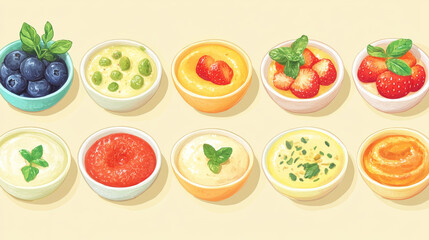 Design an image showcasing a variety of fresh and nutritious baby food thatâ€™s appealing and informative.
