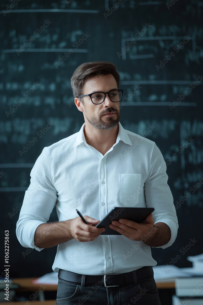 Poster educator teaching in a classroom while holding a digital tablet during a lesson