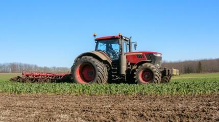 A powerful red tractor plows a field of green crops, symbolizing agriculture, hard work, growth, productivity, and the cycle of life.