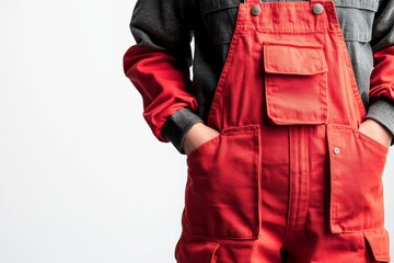 A close-up of red workwear overalls with pockets, isolated on a white background. The overalls are a symbol of hard work, construction, manual labor, and practicality.