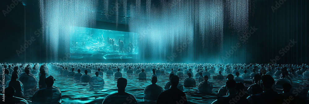 Poster audience in rows of floating bubbles, each person watching a holographic presentation in a massive h