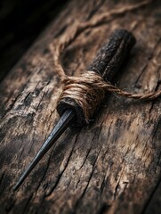An old, rustic awl with a wooden handle.