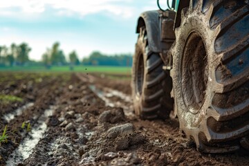 close-up of muddy tractor tire in wet farm field