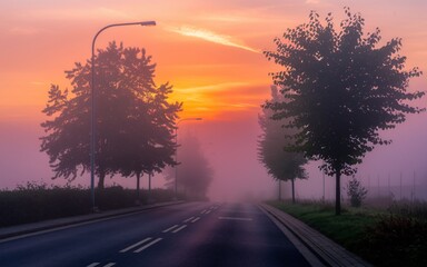 street lamp in the fog A misty road lined with trees at sunrise.