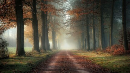 illustration of a road in the middle of a foggy forest