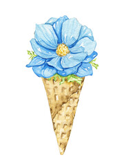 One blue flower and foliage in waffle cone isolated on white background. Watercolor hand drawn illustration