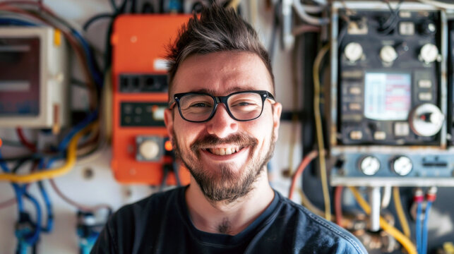 Caucasian male electrician with a mustache smiling at the camera, standing by a technical control panel.
