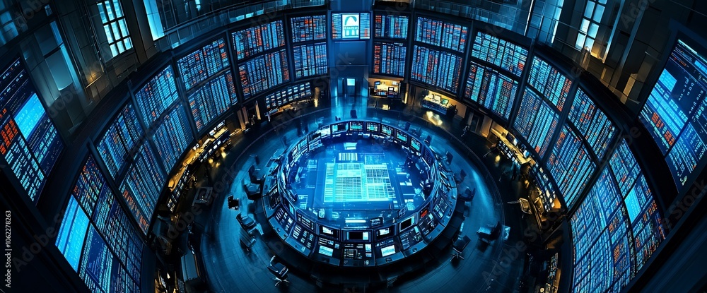 Poster Control room with many screens showing data and employees working.