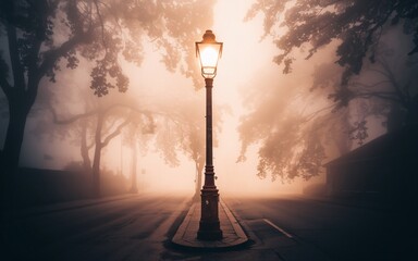 street lamp in the fog A single street lamp illuminates a foggy road, creating a sense of mystery and solitude.