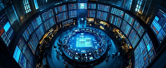 Control room with many screens showing data and employees working.