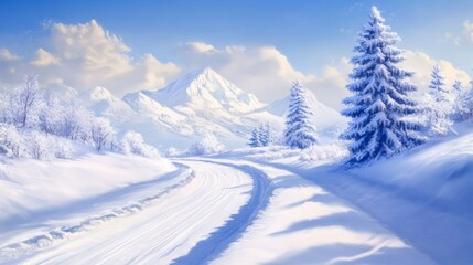Fototapeta premium Empty road illustration on a snowy day