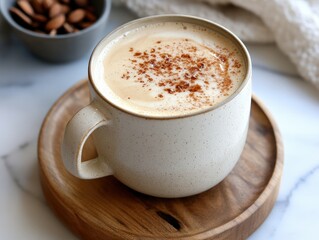 Fototapeta premium A creamy latte made with almond milk and sweetened with maple syrup, providing a rich, subtly sweet drink that ideal for those looking for a natural, refined sugar-free option