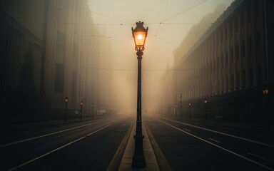 street lamp in the fog A lone street lamp illuminates a foggy city street, casting long shadows on the pavement.