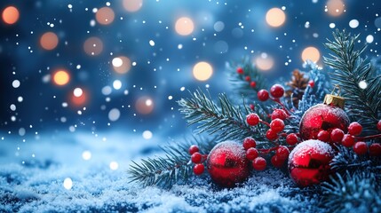 Christmas greeting card with bright winter holiday composition