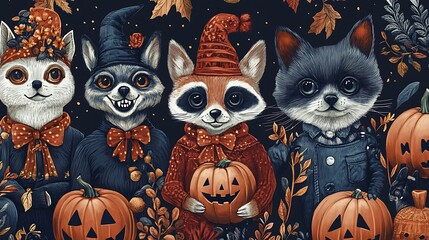 Halloween quirky animal patterns dressed in costumes