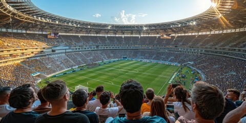 A packed European soccer stadium during a thrilling match under sunny skies