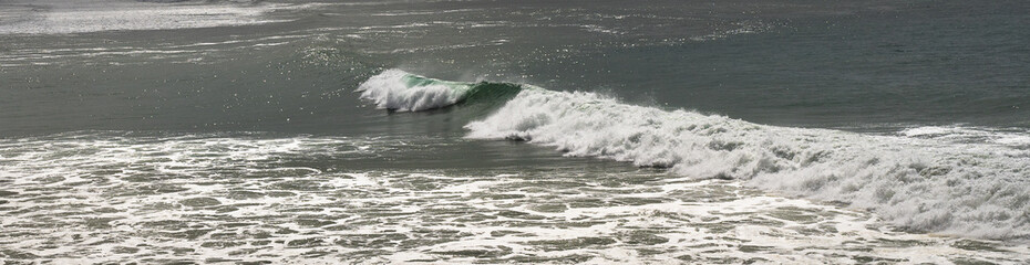A natural landscape with the gray water surface of the Atlantic Ocean throwing a green wave with white foam; water background with wave.