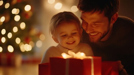 Christmas day with family, opening gift box