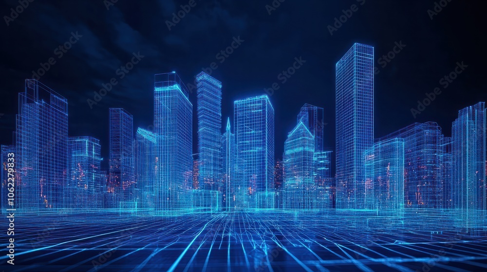 Poster a futuristic cityscape rendered in digital wireframes, showcasing the integration of building inform