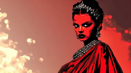 Fototapeta premium Radiant Young Queen in Colorful Ceremonial Robes: A Stunning Poster for Sports Interiors, Showcasing Traditional Beadwork and Ethereal Glow for an Inspiring Atmosphere