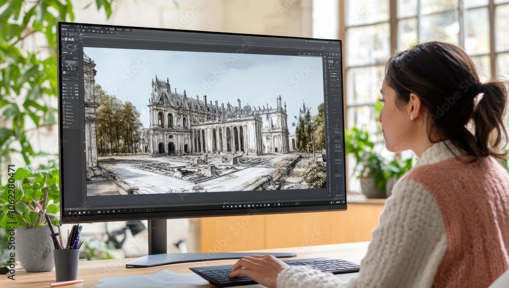 Aufkleber A woman is sitting at her desk in front of a computer, using its large screen to display an architectural drawing on which there is a Gothic-style building.