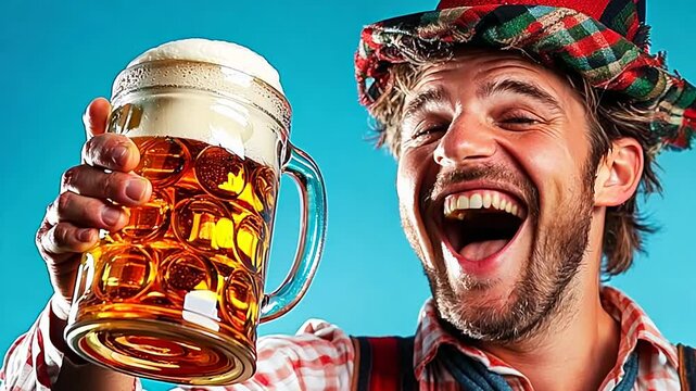 A joyful man holding a beer mug, celebrating Oktoberfest with a wide smile, perfect for themes of fun, festivities and social gatherings