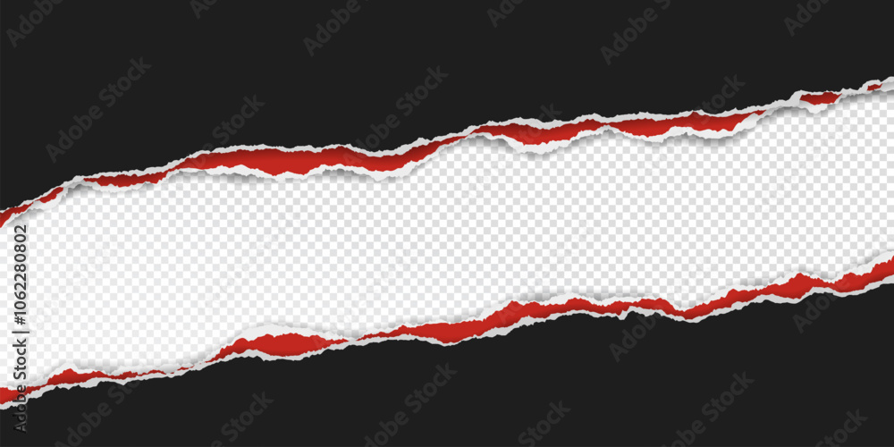 Poster black, red pieces of paper with torn edges and soft shadow are on transparent background for text or
