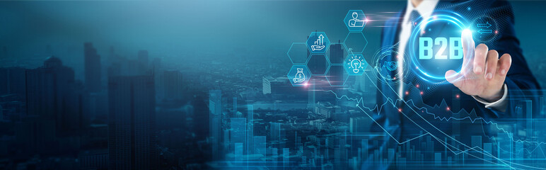 B2B (Business to Business): Collaboration, partnerships, efficiency, networking, transactional relationships, supply chain management, Businessman touch B2B network, analytics.