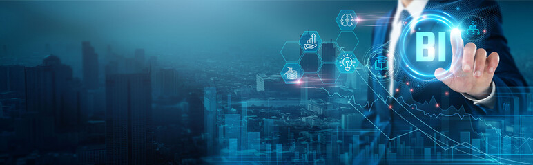Naklejka premium BI (Business Intelligence): Data analysis, reporting tools, dashboard insights, data visualization, predictive analytics, decision-making support, businessman touch business intelligence network.
