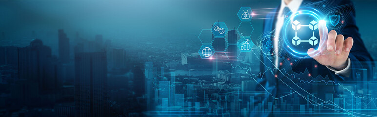 Blockchain Technology: Decentralization, security, transparency, data integrity, smart contracts, distributed ledger, businessman touches blockchain network, innovation.