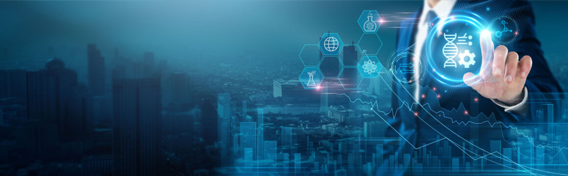 Biotechnology: Genetic engineering, bioinformatics, pharmaceuticals, agriculture technology, clinical research, bioprocessing, businessman touch biotechnology network, innovation.