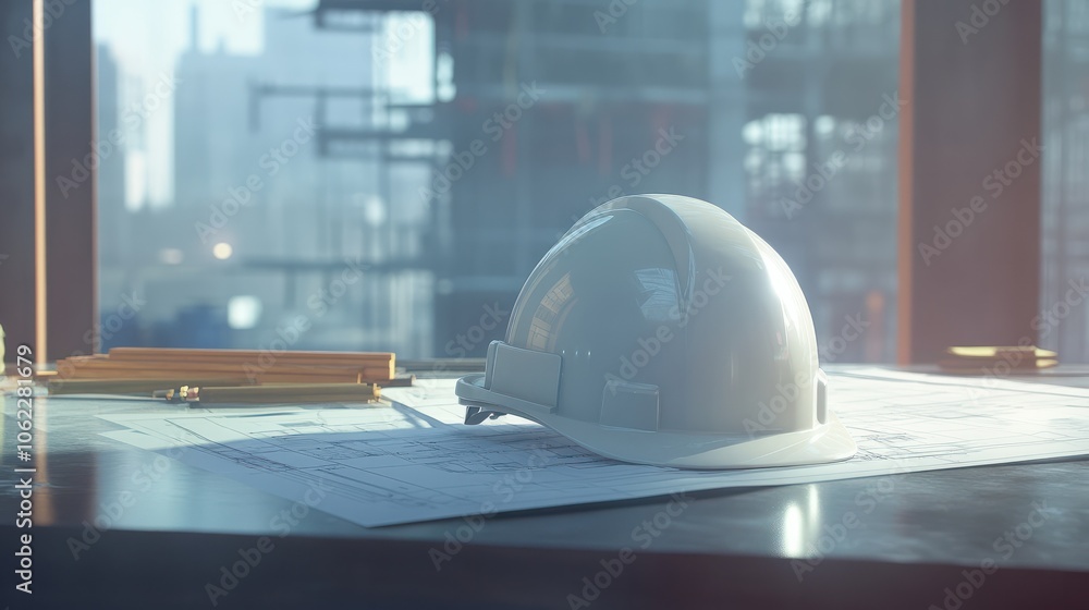 Poster a white hard hat and blueprints lie on a construction site table, symbolizing planning and engineeri