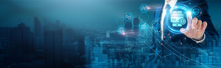 Digital Payments: Security, convenience, speed, innovation, transaction tracking, fraud prevention, businessman touches digital payments network, connectivity.