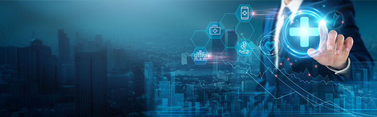 Health Care: Patient monitoring, digital records, telemedicine, remote consultation, data security, medical compliance, businessman touches health care network, wellness programs.