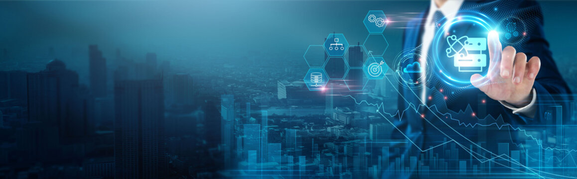 Data Science: Data analysis, machine learning, predictive modeling, big data, artificial intelligence, data visualization, businessman touch data science network, insights.