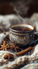 Close-up of a steaming cup of chai tea with Thanksgiving spices and cozy blanket