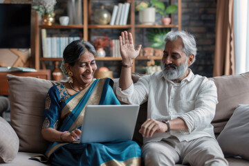 An elderly Indian couple enjoying a video call on a laptop in a cozy living room, the woman laughing and the man waving at the screen.