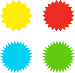 Different color starburst sunburst badges shapes, sticker set vector. Collection of special offer sale oval and round shaped sunburst labels and badges. Promo stickers with star edges.