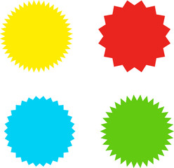 Different color starburst sunburst badges shapes, sticker set vector. Collection of special offer sale oval and round shaped sunburst labels and badges. Promo stickers with star edges.