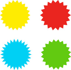 Different color starburst sunburst badges shapes, sticker set vector. Collection of special offer sale oval and round shaped sunburst labels and badges. Promo stickers with star edges.