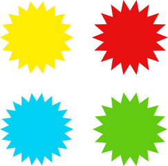 Different color starburst sunburst badges shapes, sticker set vector. Collection of special offer sale oval and round shaped sunburst labels and badges. Promo stickers with star edges.