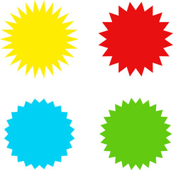 Different color starburst sunburst badges shapes, sticker set vector. Collection of special offer sale oval and round shaped sunburst labels and badges. Promo stickers with star edges.