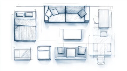 Abstract plan with space for text related to interior design: textures imitating furniture layout plans, sketches of modern sofa, armchair, bed with thin lines on a white background