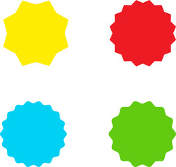 Different color starburst sunburst badges shapes, sticker set vector. Collection of special offer sale oval and round shaped sunburst labels and badges. Promo stickers with star edges.