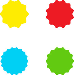 Different color starburst sunburst badges shapes, sticker set vector. Collection of special offer sale oval and round shaped sunburst labels and badges. Promo stickers with star edges.