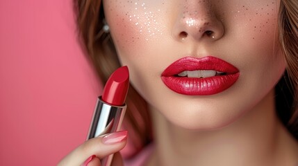 Naklejka premium Close-up beauty exploration of vibrant lipstick application against a soft pink backdrop